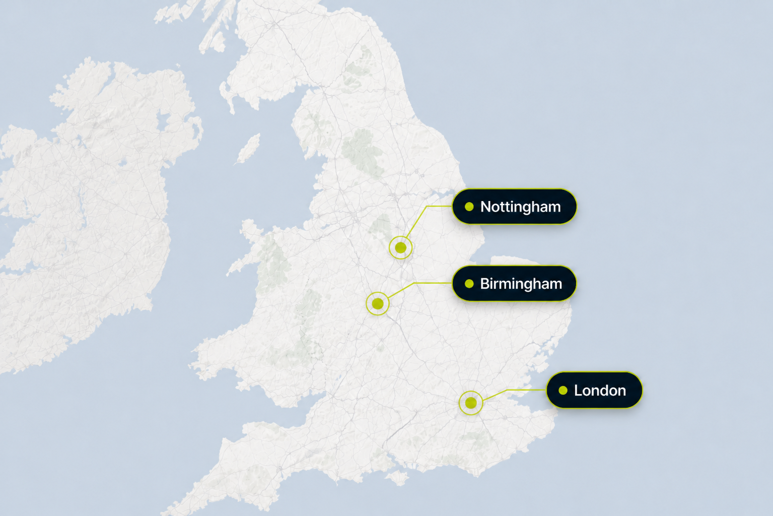Map of the UK with Padel Loop cities: Manchester, Birmingham and London