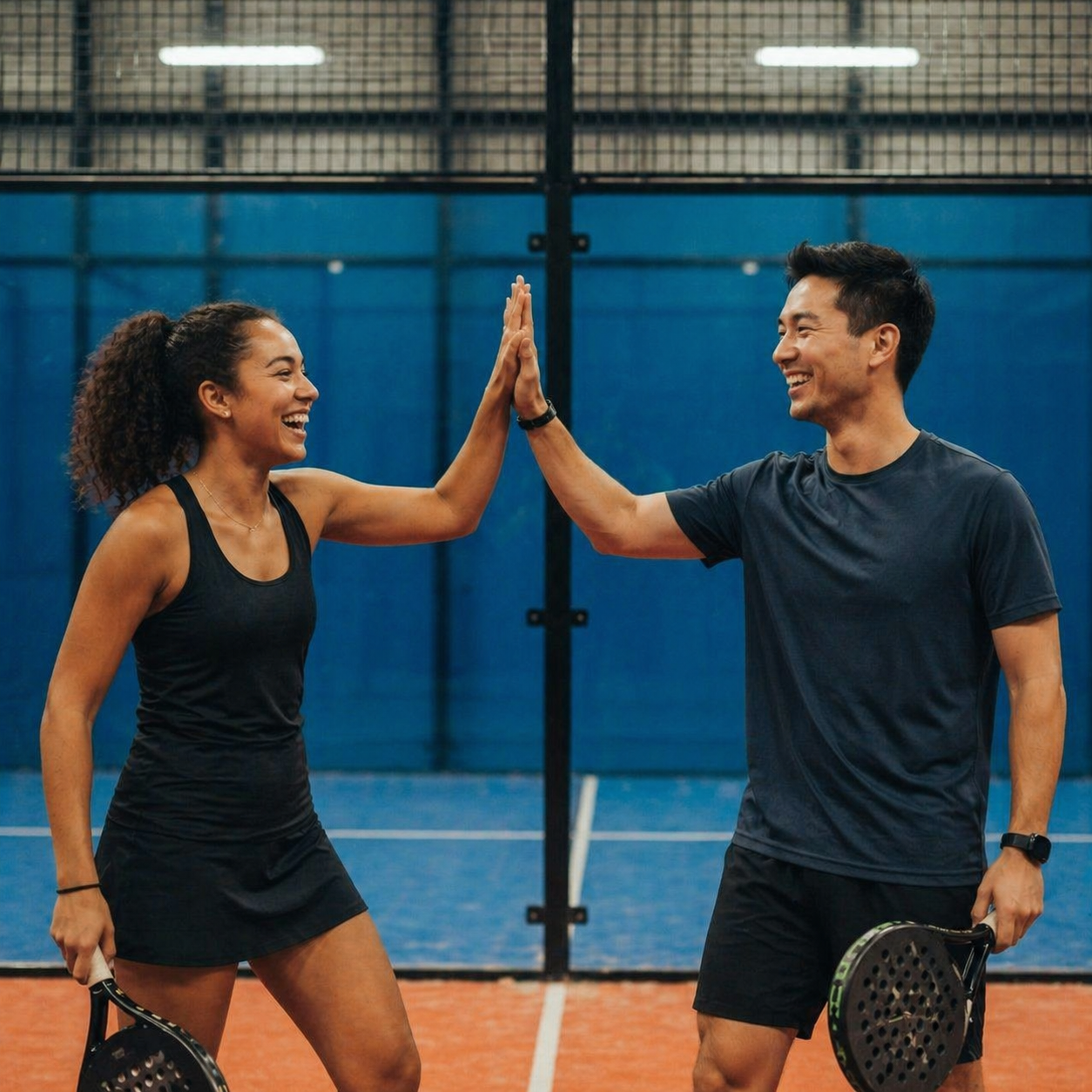 Two friends celebrating after a padel match